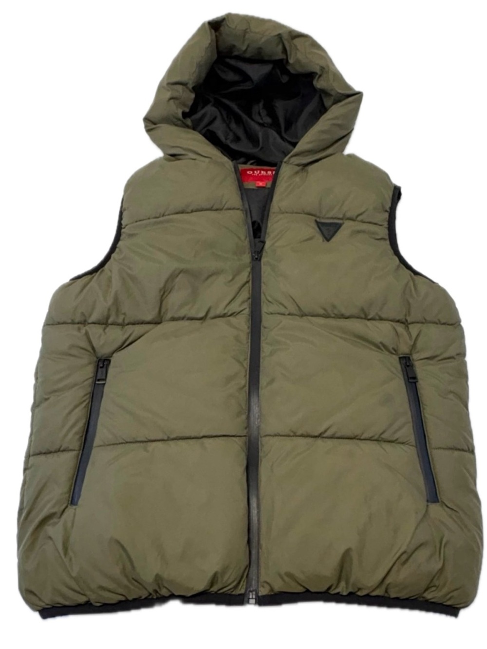 GUESS Men's Hooded Puffer Vest - Olive Green - Size M (Excellent Used Condition)
